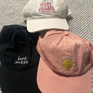 aerie Pink Smiley, Black "Hot Mess", and White "West Village" Baseball Caps